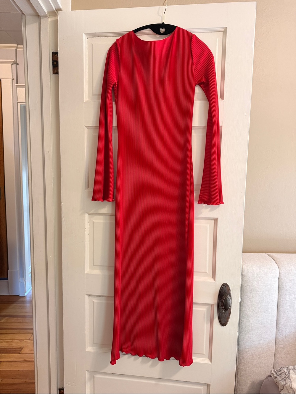 Women's Red Ribbed Long Sleeve Maxi Dress